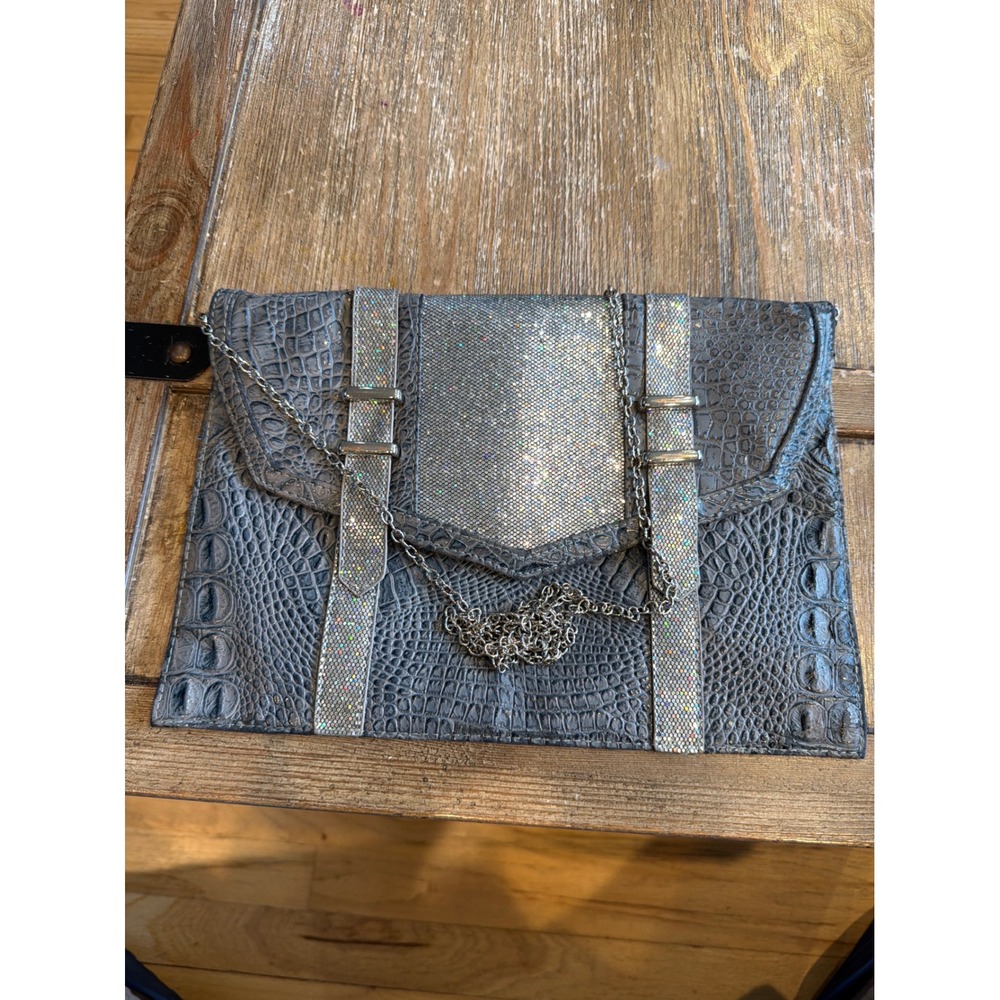 Grey Faux Croc Glitter Envelope Clutch Bag with Detachable Chain Strap